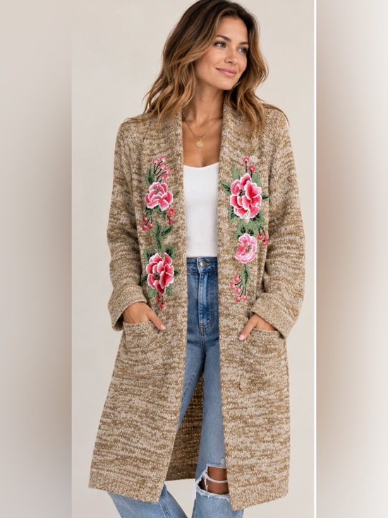 Aratta Silent Journey Sweaters - Aratta Silent Journey Embroidered Open-Front Long Tan Cardigan - Size Large